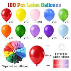 Balloons Assorted Colors 100 Pack 12 Inch Colorful Rainbow Round Bright Latex…