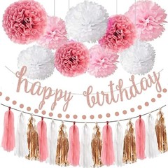 4-in-1 Rose Gold Glittery Party Decor: Banner, Poms, Circle & Tassel Garlands