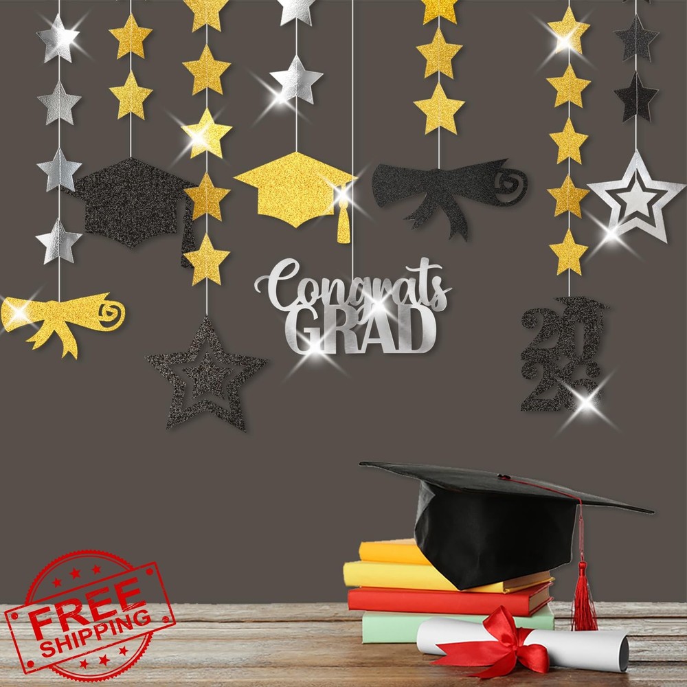 burgleda Black Gold Silver Graduation Garland Banner Streamers