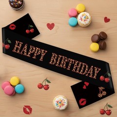Cheetah Cherry Happy Sash, Leopard Satin Sash Decorations Red and Black Party…