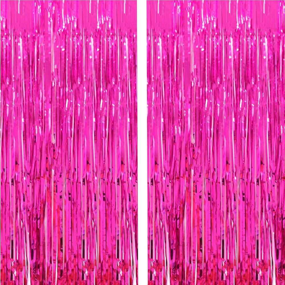 2 Pcs 3.2ft x 8.2ft Shiny Hot Pink Metallic Tinsel Foil Fringe Curtains Photo Bo