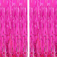 2 Pcs 3.2ft x 8.2ft Shiny Hot Pink Metallic Tinsel Foil Fringe Curtains Photo Bo