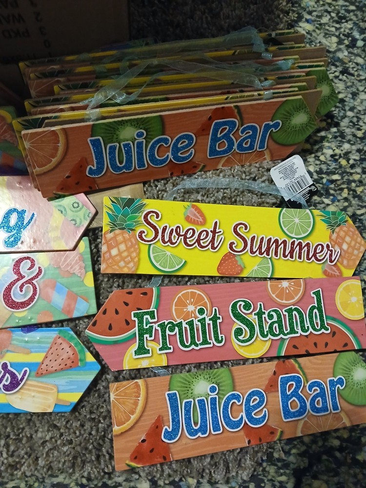Tropical Summer Hanging Wood Sign Set, Multicolor Fruit, Juice Bar & More
