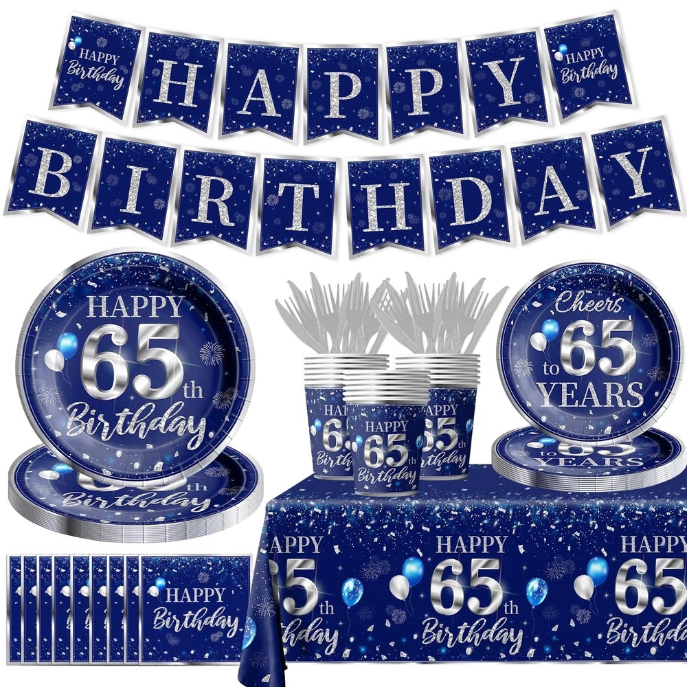 142 Pcs 65th Birthday Tableware Set Decorations Sliver and Blue 65th Happy Bi