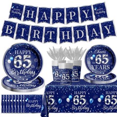 142 Pcs 65th Birthday Tableware Set Decorations Sliver and Blue 65th Happy Bi