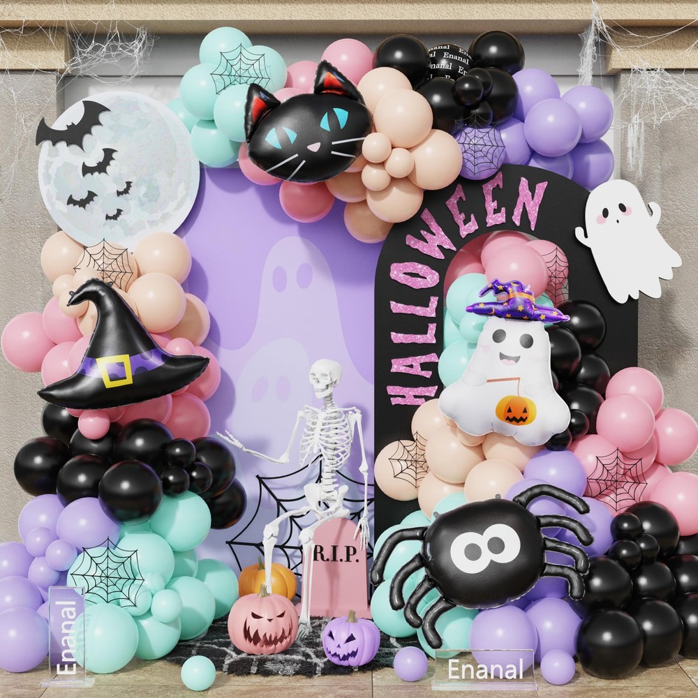 166pcs Halloween Balloon Arch Kit – Pastel Rainbow & Black Latex Balloons wit…