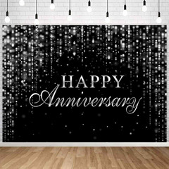 Happy Anniversary Backdrop Glitter Black Silver Cheers to Marriage