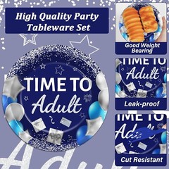Time to Adult! 96 Pcs Blue & Silver 18th Birthday Tableware for Boys and Girls