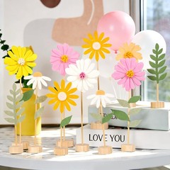 11 PCS Felt Flowers Decorations Daisy Centerpieces Wooden Base Pastel Decor