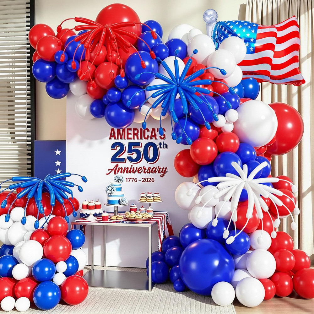 142PCS Red White and Blue Balloons Arch Garland Kit, 4Th of July Balloon Arch wi