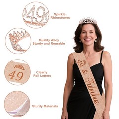 49th Birthday Decorations Set – 49pcs Black & Rose Gold Banner, Sash, Cake Toppe