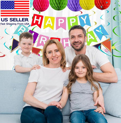 Colorful Birthday Decorations, Happy Birthday Banner with Honeycomb Balls, Stars