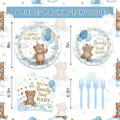 96 Pcs Baby Shower Party Decorations Tableware Set, Blue Bear Disposable Dessert