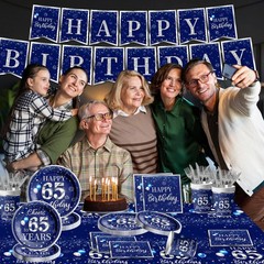 142 Pcs 65th Birthday Tableware Set Decorations Sliver and Blue 65th Happy Bi