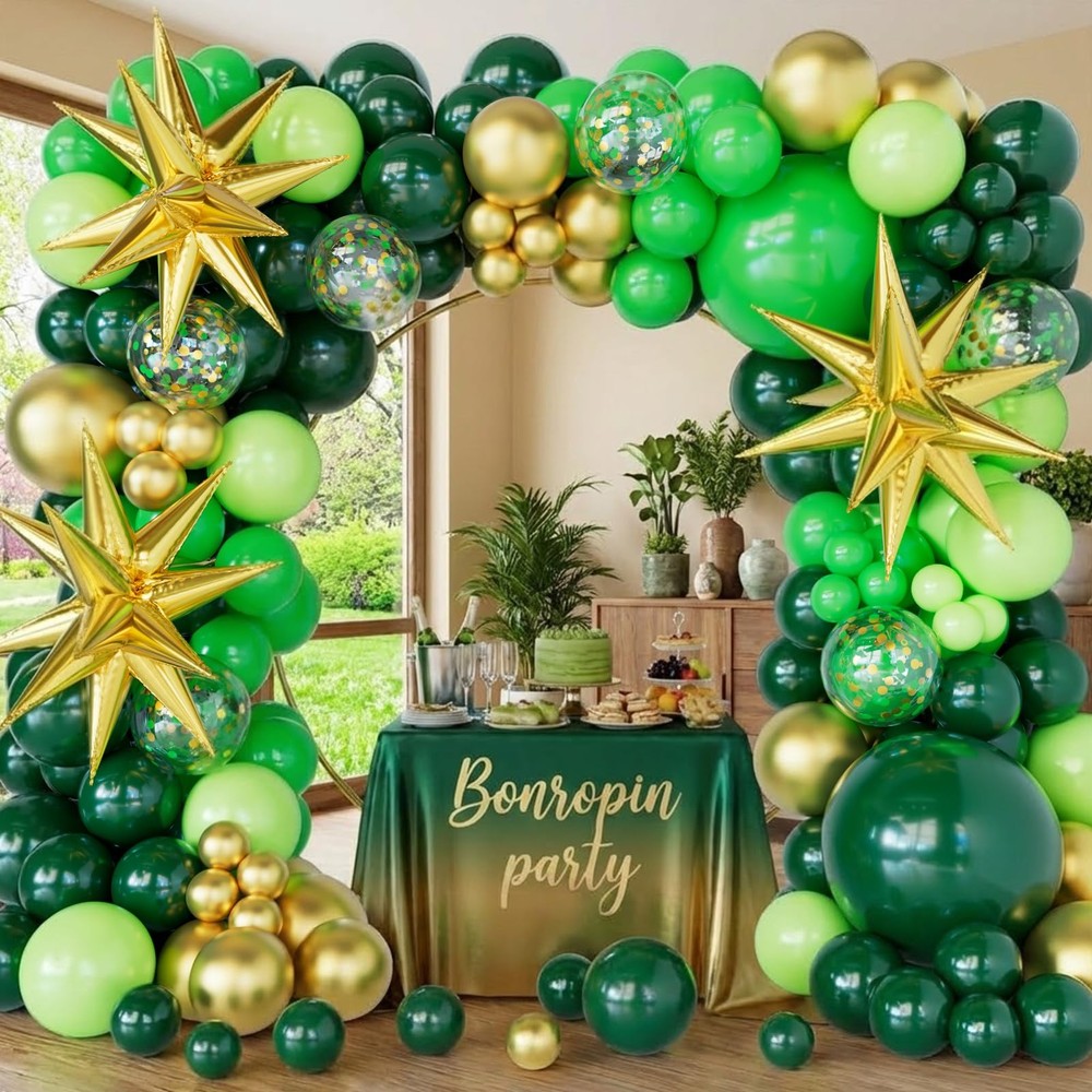 Green and Gold Balloons Garland Arch Kit with Explosion Star-5 10 12 18 inch …