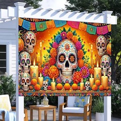 Colorful Día de los Muertos Backdrop Banner – Sugar Skulls & Flowers, 8x6ft Part