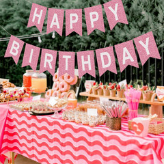 Pink Birthday Banner, Fabric Pre-strung Glitter Sign for Women’s Party Decoratio
