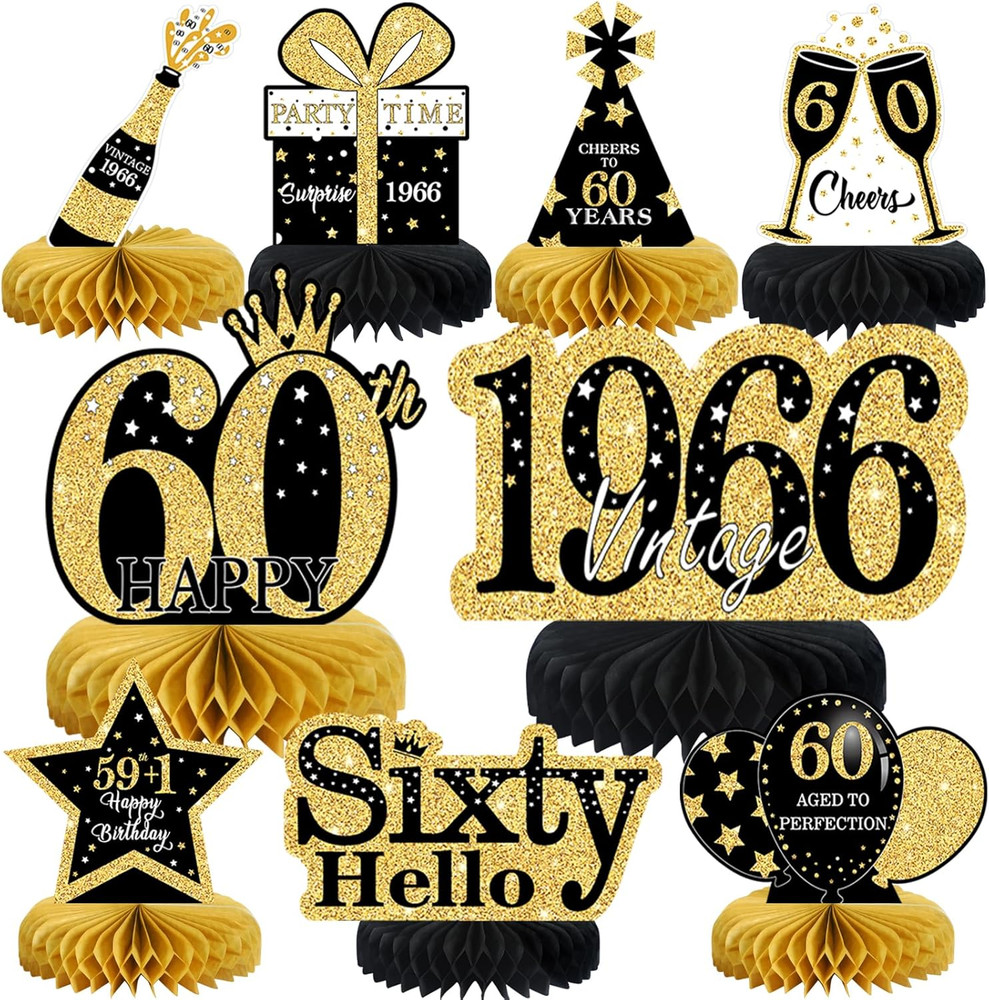9 Pcs 60Th Birthday Decorations Honeycomb Centerpieces for Women Men, Black Gold