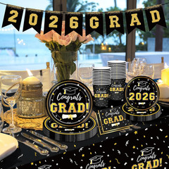 Graduation Decorations 2026 Disposable Black Graduation Tableware Kit for 25 Gue