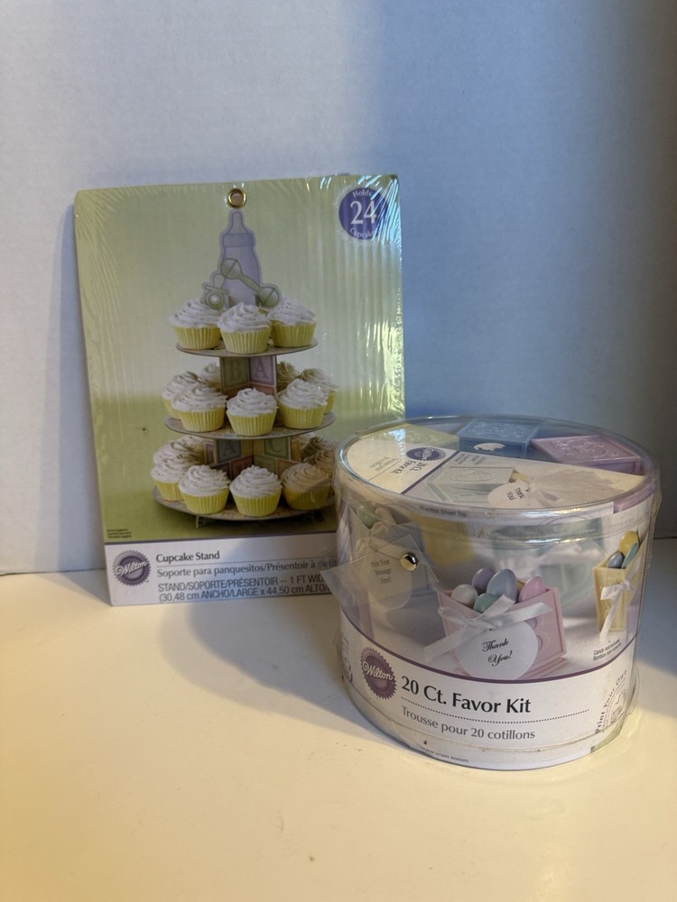 NEW Wilton Baby Shower Cupcake Stand & 20 Ct. Party Favor Kit – Gender Neutral