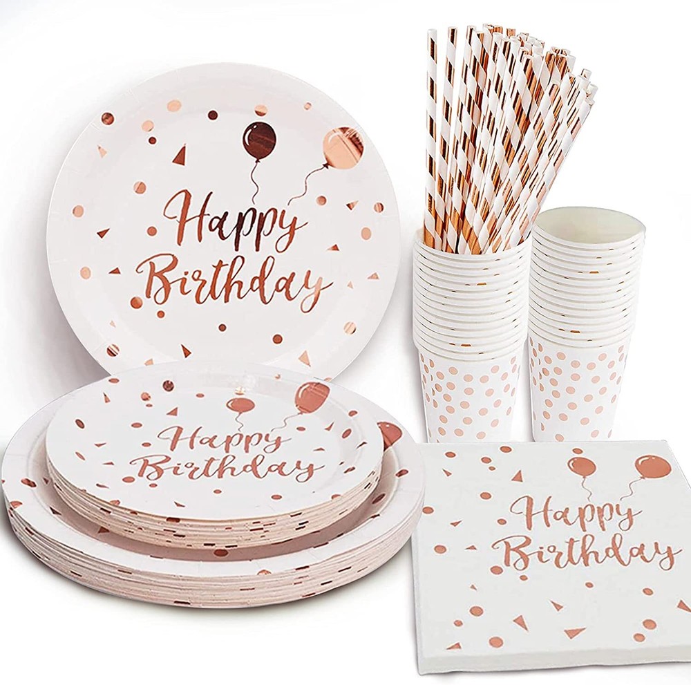 Rose Gold Dots Paper Plates – White & Rose Gold Birthday Party Supplies
