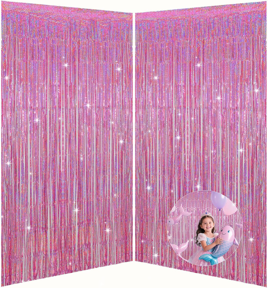 Pink Foil Fringe Curtains Party Decorations, 3.28X6.56Ft Sparkling Streamer Tins