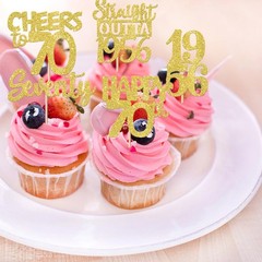 30PCS Happy 70th Birthday Cupcake Toppers Gold Glitter Seventy Straight Outta