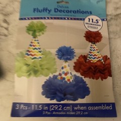 Birthday Cone Hat Deluxe Fluffy Decorations ~ 3 pack ~ 11.5″ Red Blue Green NEW