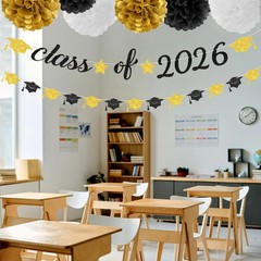 8pcs Black-White Gold Party-Decorations Graduation Banner, Class of 2026 Cap Gar