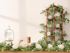2Pcs 13Ft Artificial Eucalyptus Garlands with Flowers – 8 Roses, Faux Floral