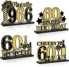 4 Pcs 60Th Birthday Table Wooden Decorations Vintage 1966 Black Gold Birthday Pa