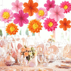 89 PCS Pink and Orange Party Decorations Paper Fans Party Decorations Set with B