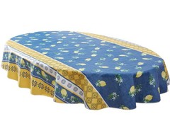 Lemon Grove Vinyl Tablecloth w/ Flannel Backing – Oval 60×84″ (Yellow/Blue)