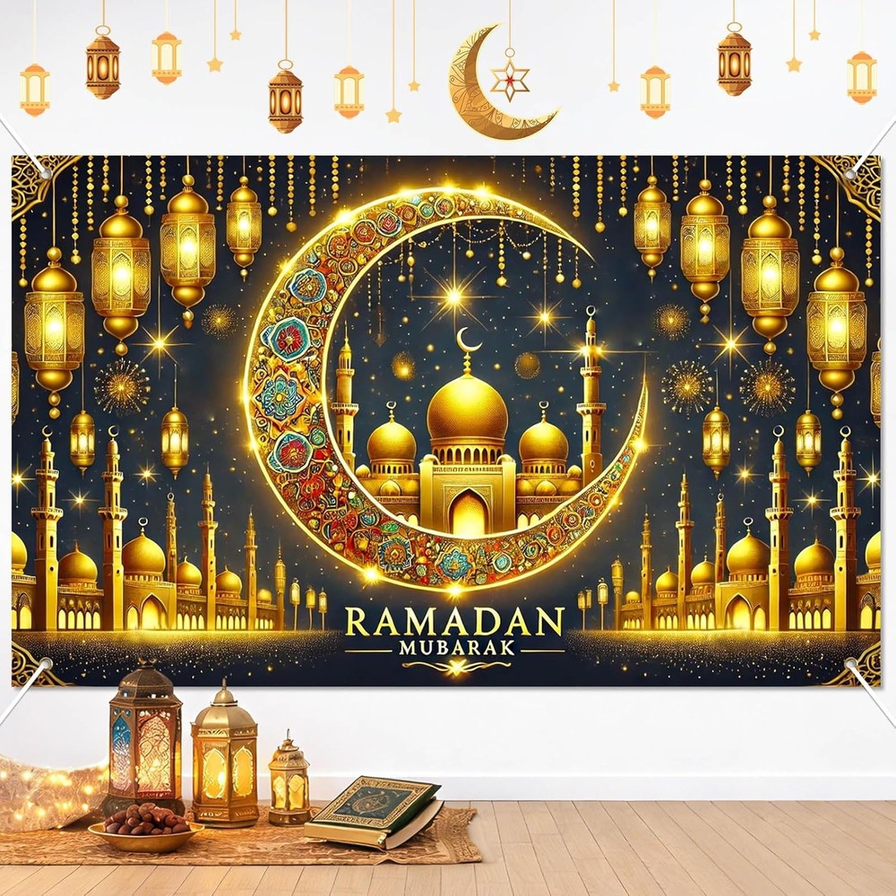Ramadan Mubarak Banner Backdrop 71X43Inch Islamic Banner for Ramadan Decorations