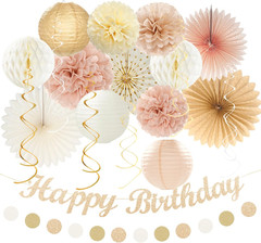 21Pc Boho Birthday Decorations Beige Peach Banner Lantern Pom Poms Party Decor