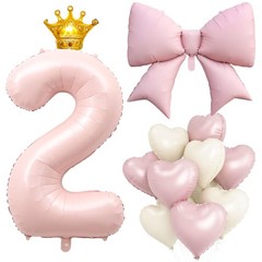 2nd Decorations for Girl Boy, Pastel Pink Number 2 Foil Balloon Set with Bow,…