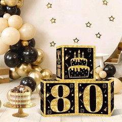 80th Birthday Decorations Boxes for Men- 3pcs Black Gold Happy 80th Birthday …