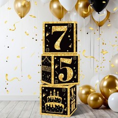 75th Birthday Decorations Boxes for Men- 3PCS Black Gold Happy 75th Birthday …