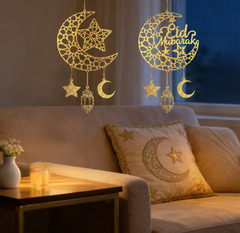 Ramadan Decorations, Eid Mubarak Moon & Star Wooden Hanging Decorations