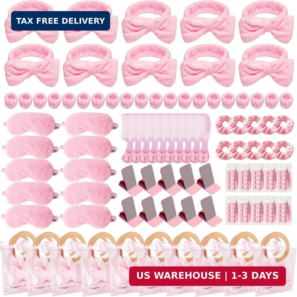 92 Pcs Pink Spa Sleepover Party Supplies for Girls, Include Skincare Headband Se