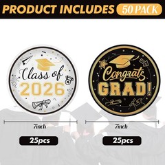 48 Pcs Graduation Plates 7 Inch, Disposable Black & White Gold Grad Paper Pla…