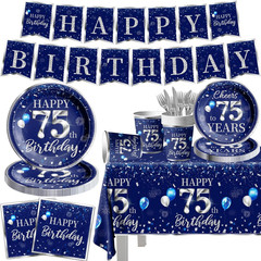 142 Pcs 75th Birthday Tableware Set Decorations Sliver and Blue 75th Happy Bi…