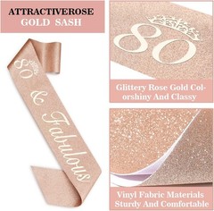 Rose Gold 80th Birthday Decorations with Crown, Sash, Cake Topper and Candles