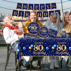 80Th Birthday Decoration Men-142Pcs Navy Blue and Gold Birthday Tableware Set(Se