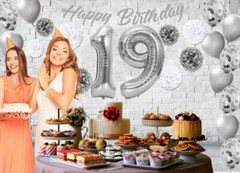 Silver & White 19th Birthday Decorations – 40″ Number Balloons &More-Boy or Girl