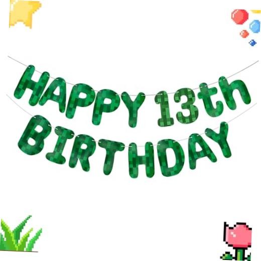 Green Pixel Birthday Banner, Pre-strung Minecraft Party Banner Video Game 13th