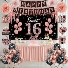 Sweet 16 Birthday Decorations Set, 52Pcs Rose Gold & Black, Crown, Sash, Banner,