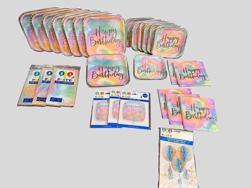 Pastel Tie Dye Birthday Party Supplies Bundle Plates Napkins Decor Balloons Lot