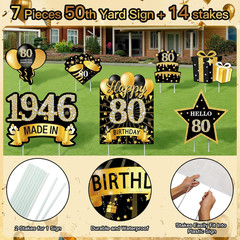 7Pcs Black Gold 80Th Birthday Yard Sign Decorations for Men and Women,Happy 80Th