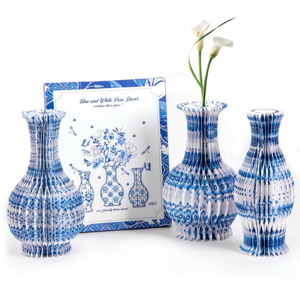 3 Pcs Blue and White Paper Honeycomb Vases, Mini Chinoiserie Vintage Paper Va…